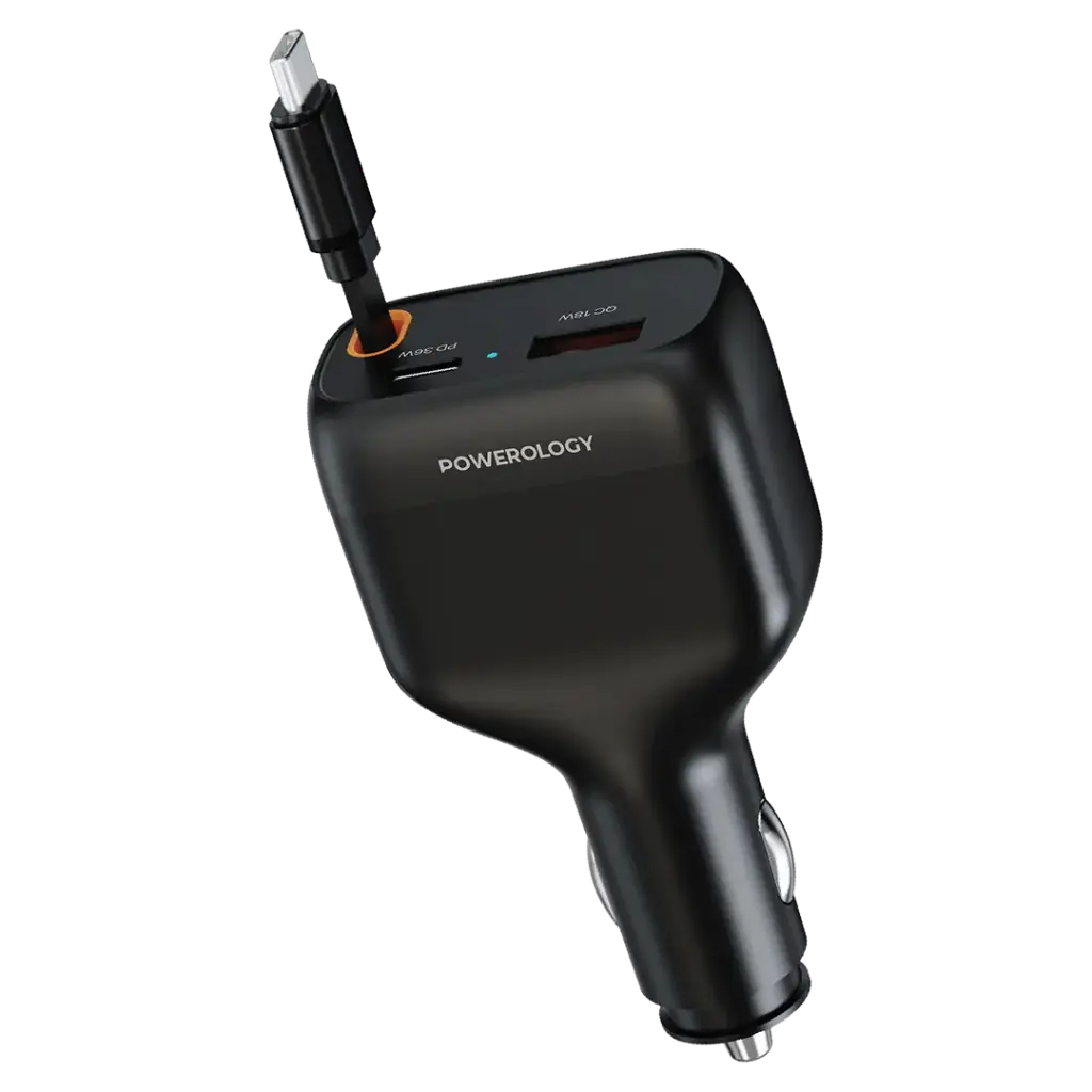 شاحن سيارة باورولوجي سايبر 81 واط مع كابل USB-C قابل للسحب – أسود