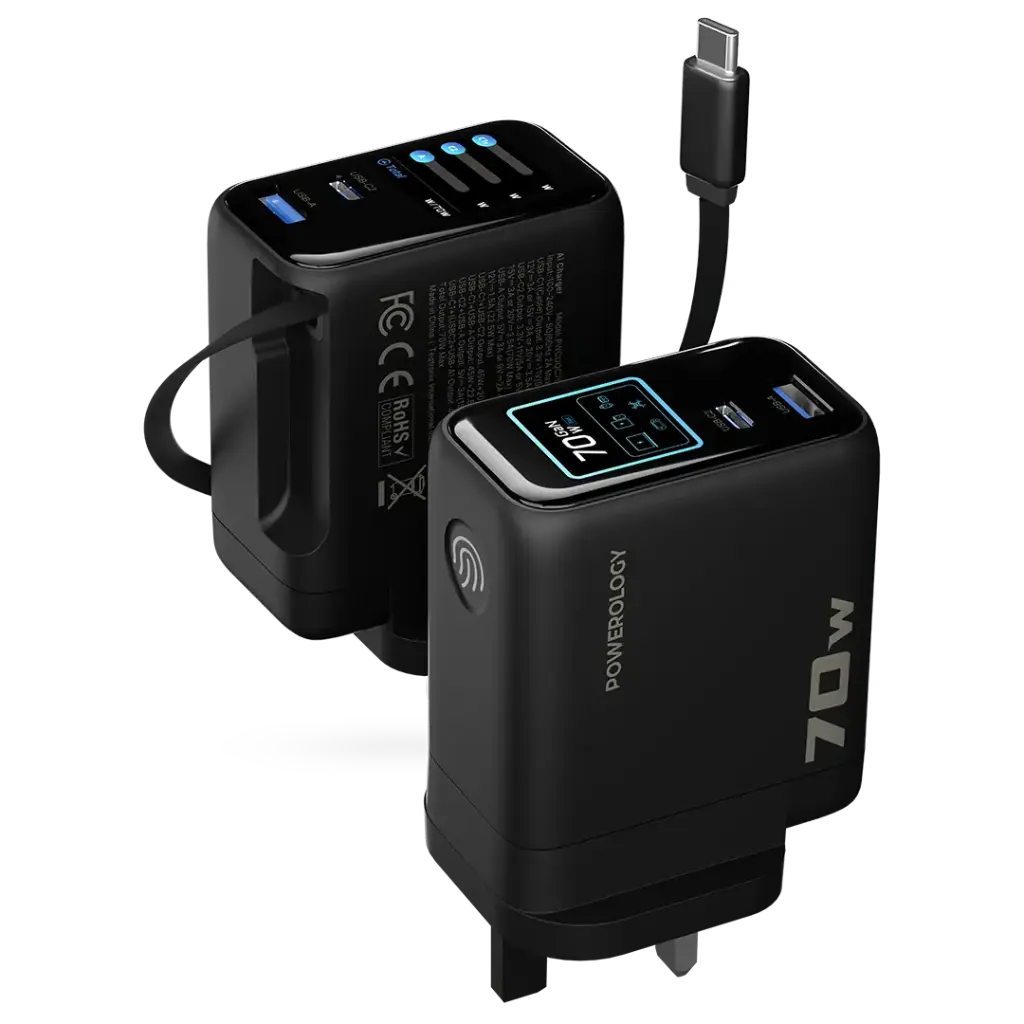 محول Powerology 70W TFT مع كابل Type-C قابل للسحب - أسود