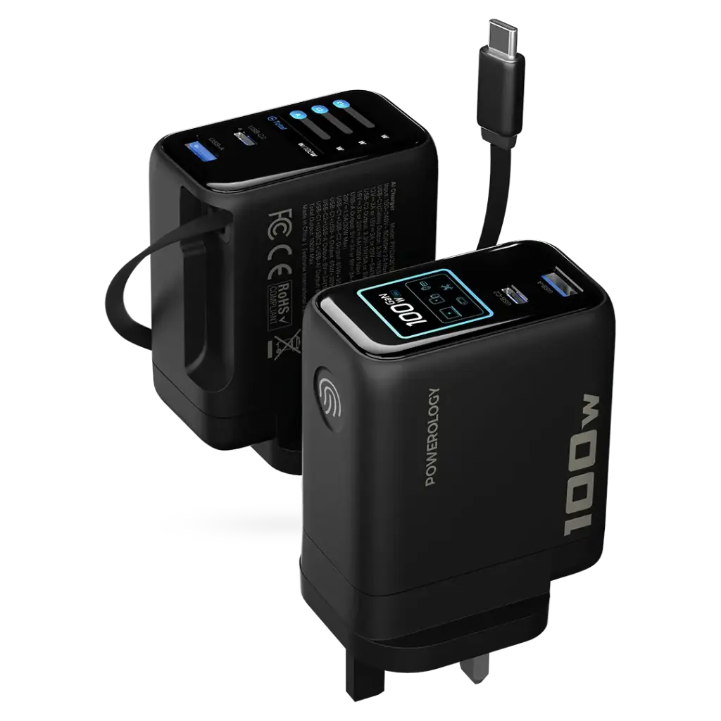 محول Powerology 100W TFT مع كابل Type-C قابل للسحب - أسود