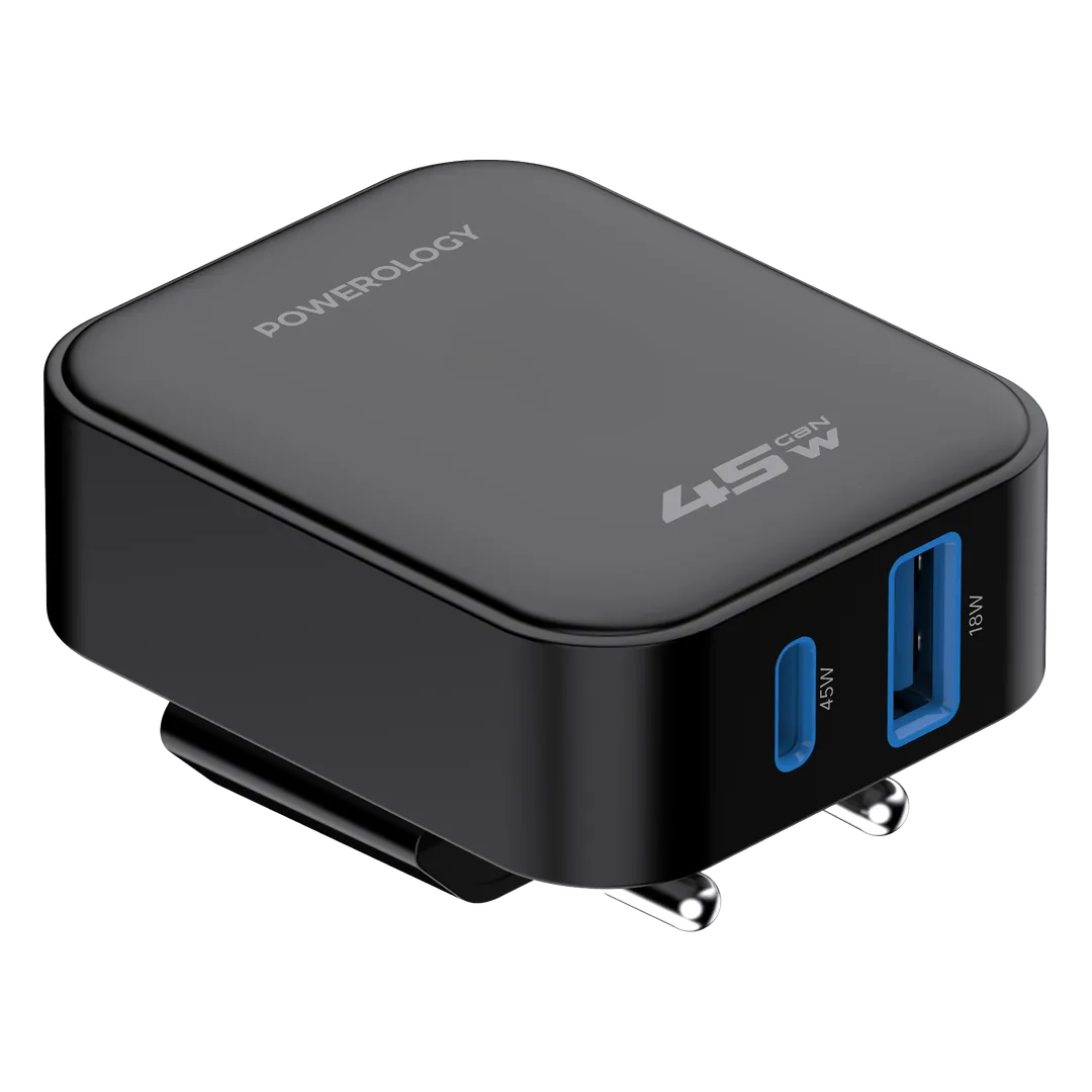 شاحن باورولوجي CRAB بقوة 45 واط GaN بفيشة أوروبية قابلة للطي - أسود