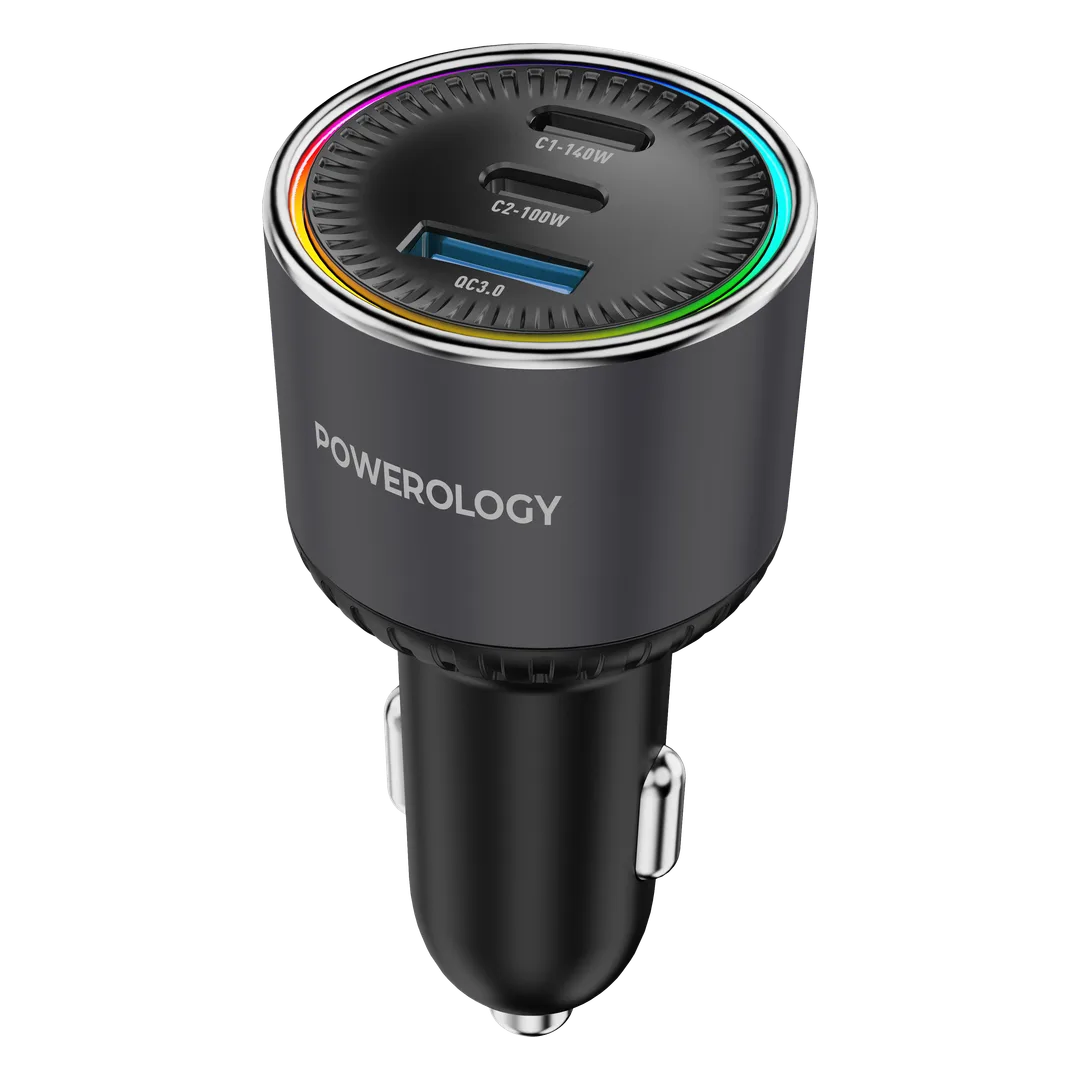 Powerology Élan 240W Dual USB-C & USB-A Car Charger – Grey