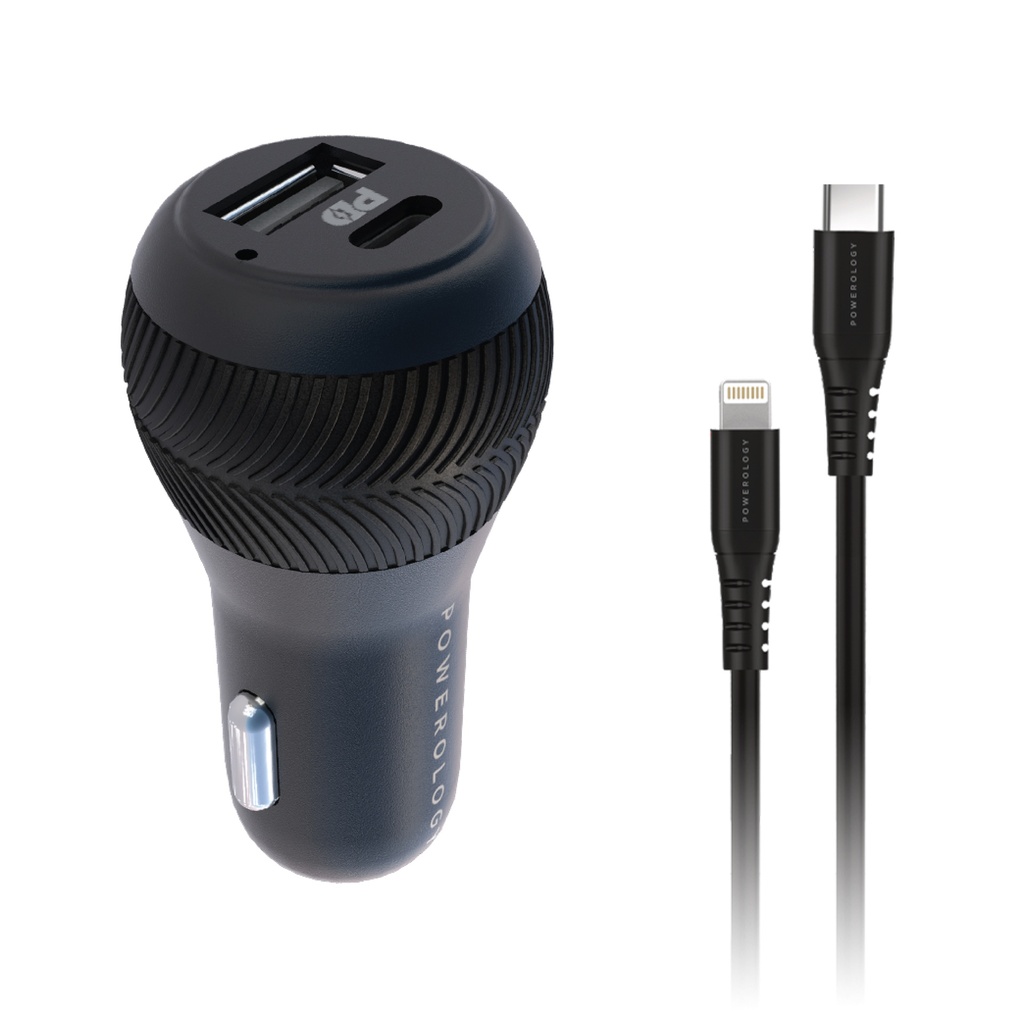 Powerology Ultra-Quick Car Charger with USB-C to Lightning MFI Cable - 0.9m / 3ft