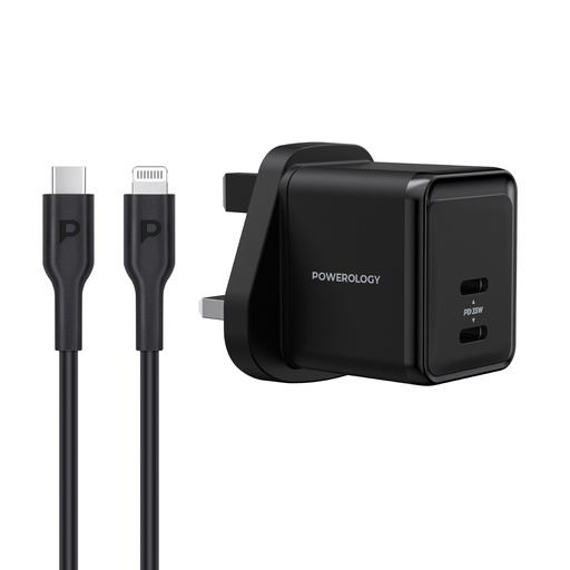 Powerology Super Compact Gan Charger with (1.2m/4ft) USB-C To Lightning Cable