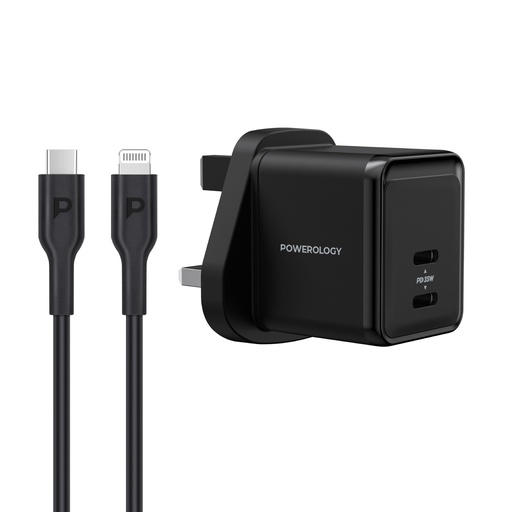 Powerology Super Compact Gan Charger with (1.2m/4ft) USB-C To Lightning Cable
