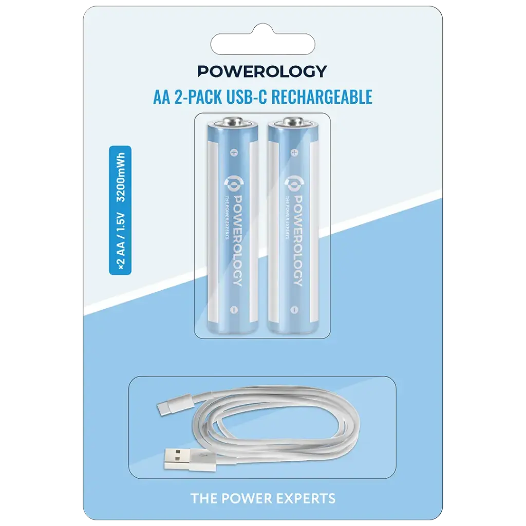 بطاريات باورولوجي AA 2-pack القابلة لإعادة الشحن USB-C - أبيض/أزرق
