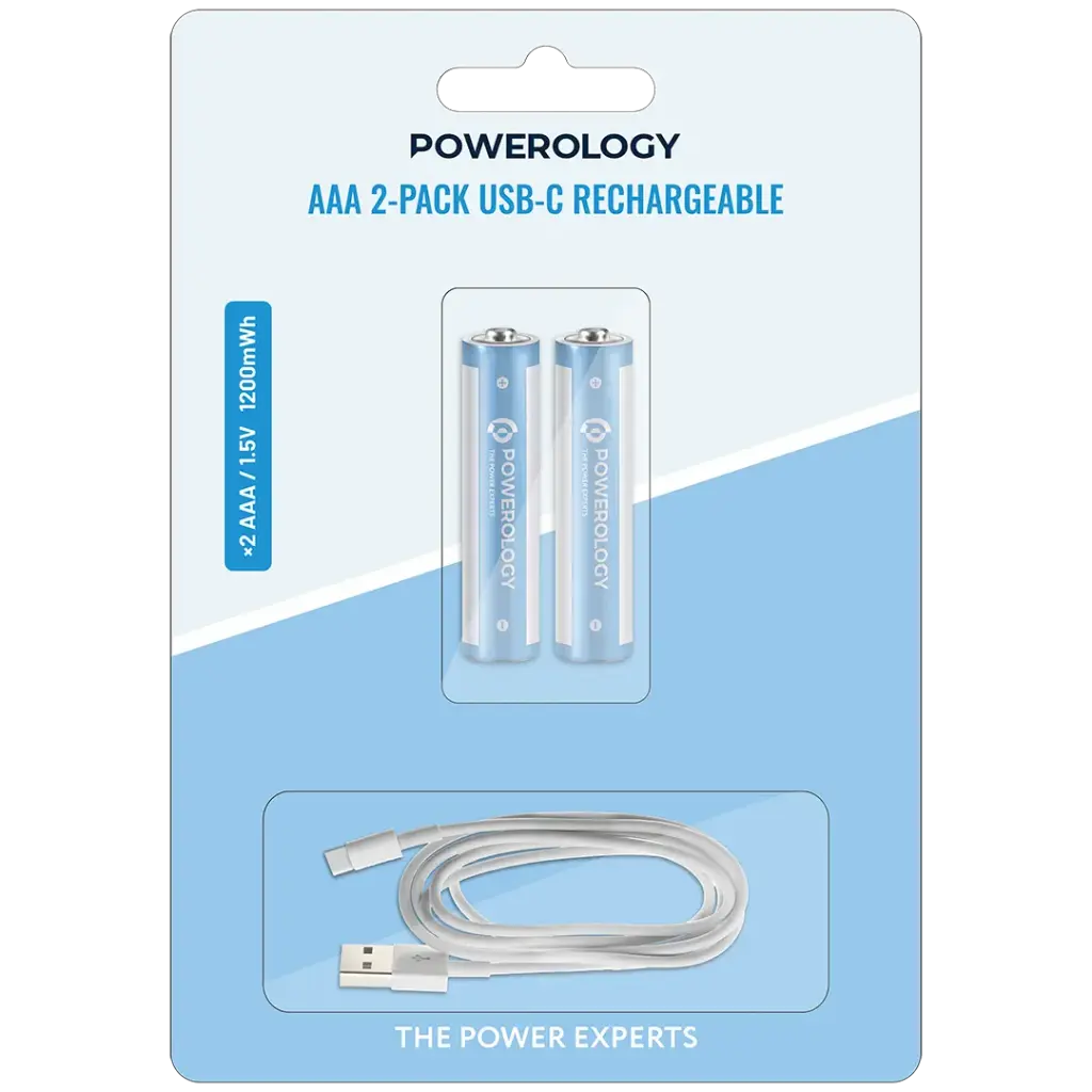 بطاريات باورولوجي AAA 2-pack القابلة لإعادة الشحن USB-C - أبيض/أزرق