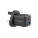 Powerology 35W PD QC 1xUSB-C 35W and 1xUSB-A 18W GaN Charger UK with USB-C Cable - Black	