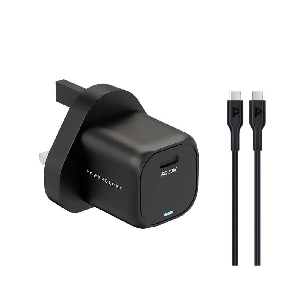 Powerology 33W GaN PD Charger with Type-C to Type-C 1.2m Cable - Black