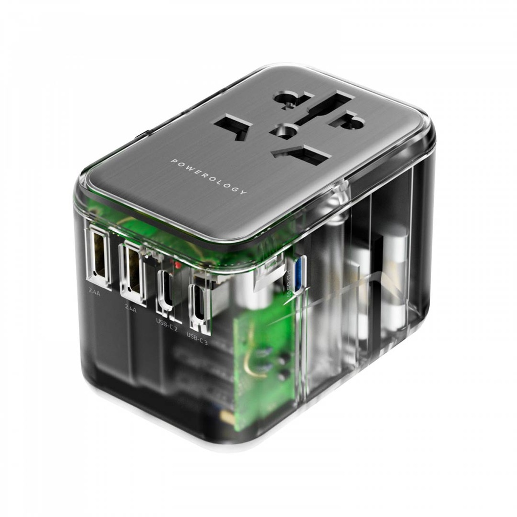 Powerology Universal Multi-Port Travel Adapter PD 65W ( 3X Type-C / 2X USB-A Ports )