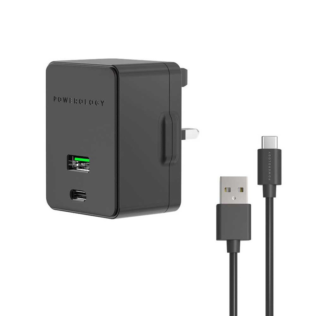 Powerology Dual Port Ultra-Quick PD Charger 36W with Type-C Cable 1.2m - Black