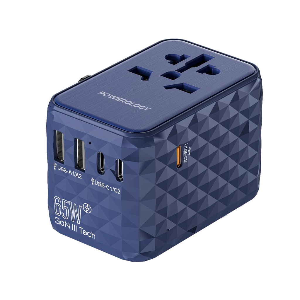 محول سفر عالمي متعدد المنافذ من باورولوجي بقدرة 65 واط (3 منافذ Type-C / منفذين USB-A)