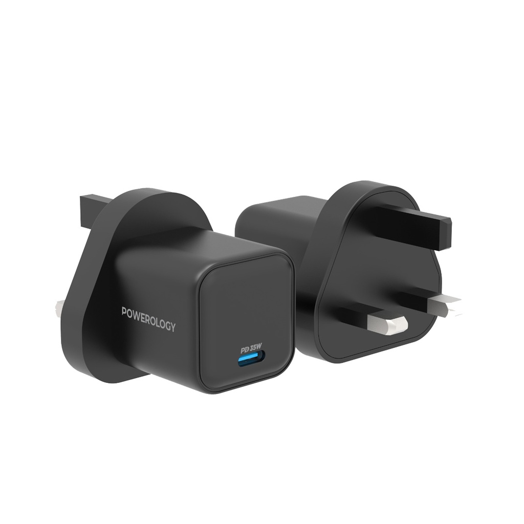 Powerology 35W Single Port Type-C GaN Charger with UK Plug - Black