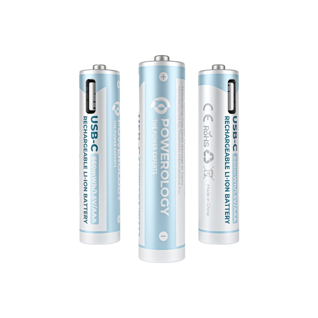 Powerology 1.5V Type-c Rechargeable Lithium-ion Battery AAA Battery 660mWh 4pcs per Pac	