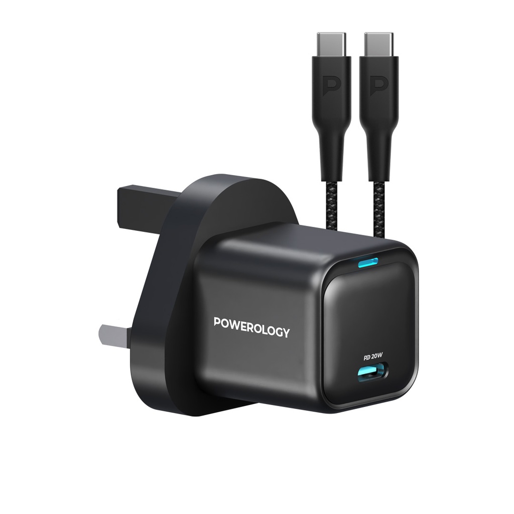 Powerology 20W Single C Port PD Charger UK with Type C to C 60W cable - Black