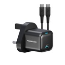Powerology 20W Single C Port PD Charger UK with Type C to C 60W cable - Black