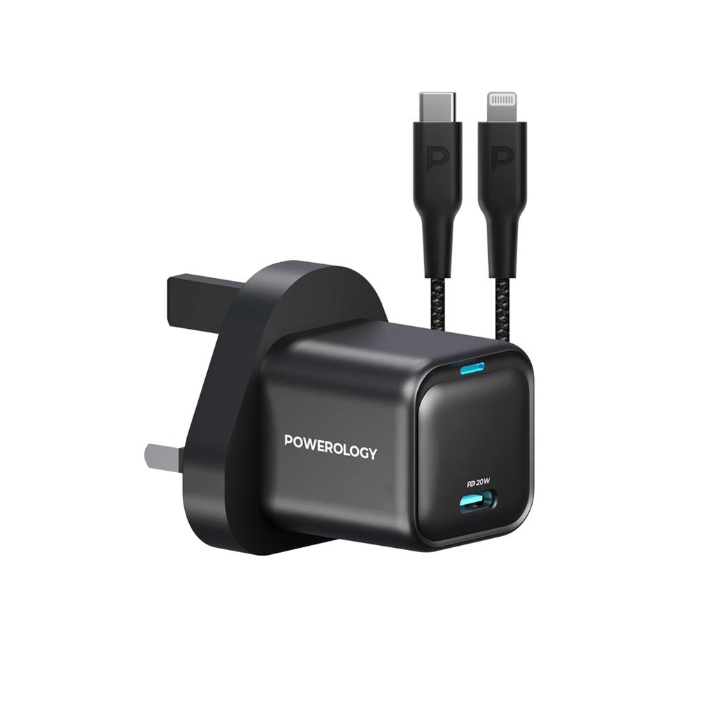 Powerology 20W Single C Port PD Charger UK with Type C to Lightining MFI 27W cable - Black