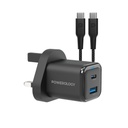 Powerology 35W PD QC 1xUSB-C 35W and 1xUSB-A 18W GaN Charger UK -with Type C to C 60W -Black	