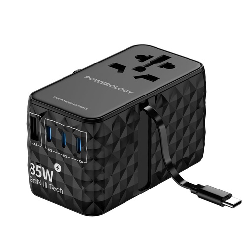 Powerology Universal GaN 85W Super Charger Retractable Type-C Cable (​Black)