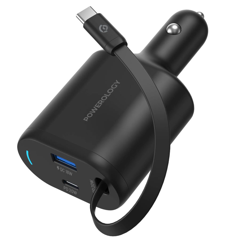 Powerology Type-C Retractable Car Charger 70W - Black
