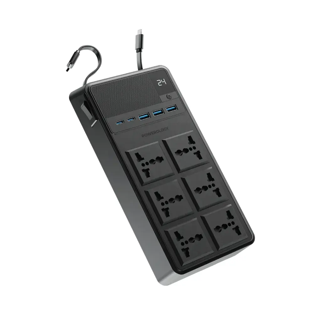 Powerology 2500W 6AC Power Strip with Built-In Retractable Cables - Black