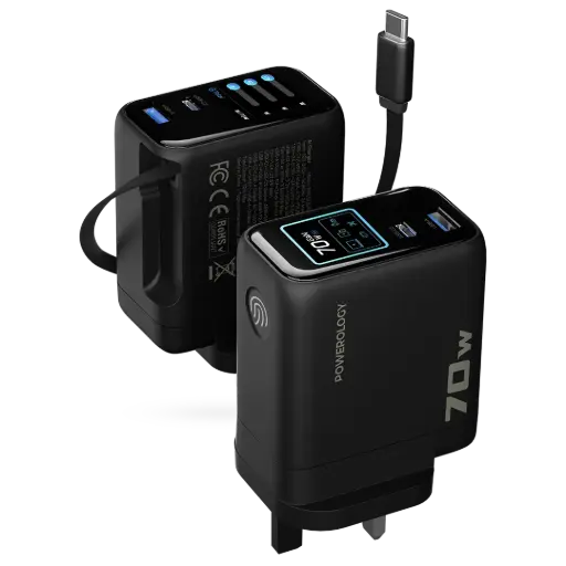 [PWCUQC70WBK] محول Powerology 70W TFT مع كابل Type-C قابل للسحب - أسود