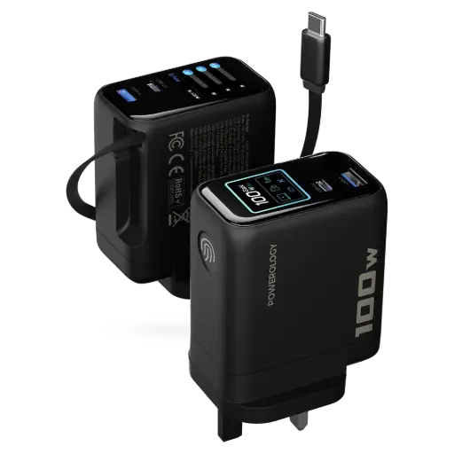 [PWCUQC100WBK] محول Powerology 100W TFT مع كابل Type-C قابل للسحب - أسود