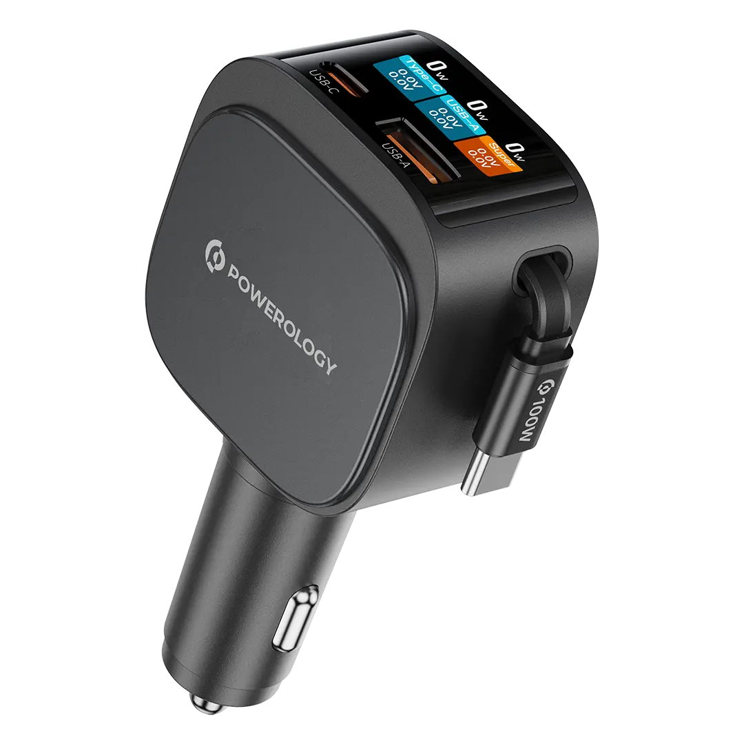 [PCCSR028BK] Powerology VoltMax 130W Pro Fast Car Charger with Retractable Cable - Black