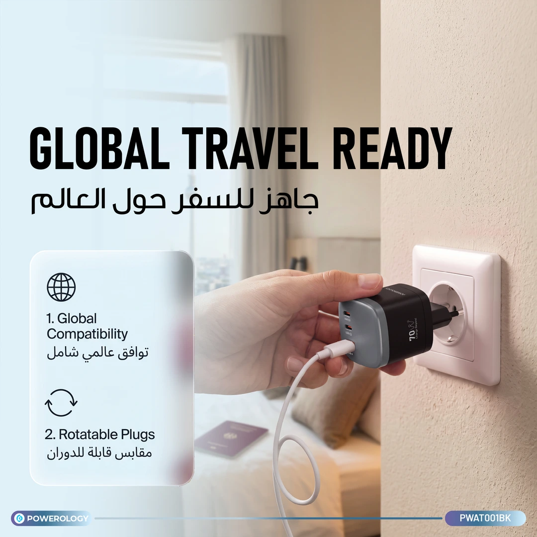 تفصل آلية القابس المرن والتركيب السهل، حيث تعرض الشاحن وهو مهيأ للعمل مع مقابس المملكة المتحدة (UK)، والولايات المتحدة (US)، وأستراليا (AUS)، إلى جانب مقبس أوروبي (EU) قابل للدوران لتوضيح تصميمه العملي والقابل للتكيف.