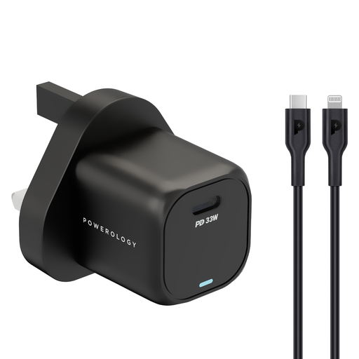 [PWCUQC008-BK] Powerology 33W GaN PD Charger with Type-C to Lightning 1.2m Cable - Black	