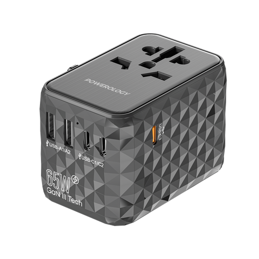 محول سفر عالمي متعدد المنافذ من باورولوجي بقدرة 65 واط (3 منافذ Type-C / منفذين USB-A)
