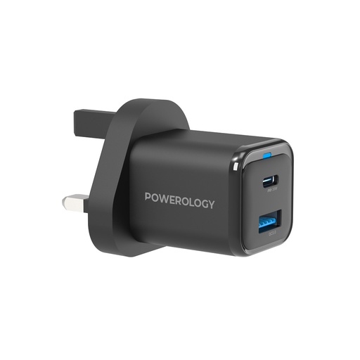 [PWCUQC021] Powerology 35W PD QC 1xUSB-C 35W and 1xUSB-A 18W GaN Charger UK with USB-C Cable - Black	