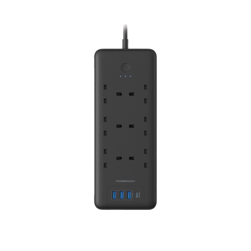 [PWPS48WBK] Powerology 48W 6AC 1x PD USB-C and 3x QC USB-A Power Strip with UK Plug - Black