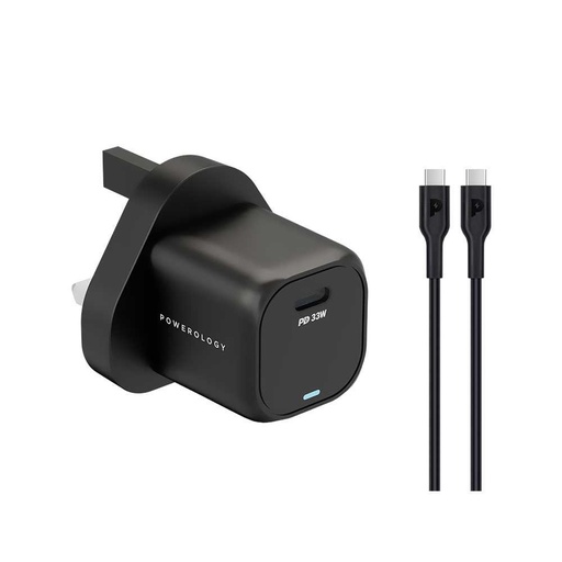 [PWCUQC009-BK] Powerology 33W GaN PD Charger with Type-C to Type-C 1.2m Cable - Black