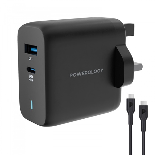 [PWCUQC004-C] Powerology 63W Ultra-Quick GaN Charger 45W PD & USB-A Quick Charge 18WQC3.0 With 60W Type-C To Type-C Cable
