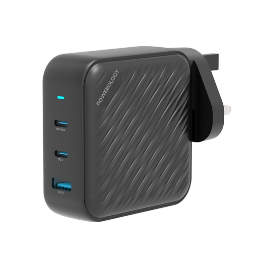[PWCUQC022] Powerology 140W PD QC 2xUSB-C and 1xUSB-A GaN Charger UK - Black