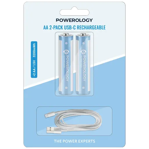 [PWAA322] بطاريات باورولوجي AA 2-pack القابلة لإعادة الشحن USB-C - أبيض/أزرق