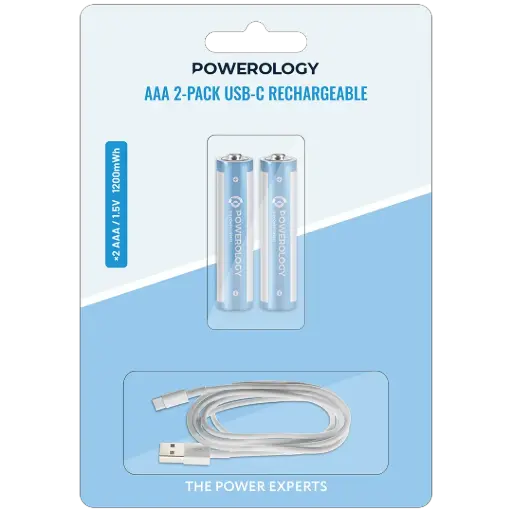[PWAAA122] بطاريات باورولوجي AAA 2-pack القابلة لإعادة الشحن USB-C - أبيض/أزرق