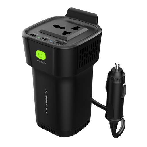 [P150INVBK] Powerology 150W Inverter AC Universal USB A 2type-C DC Car 12V10A - Black