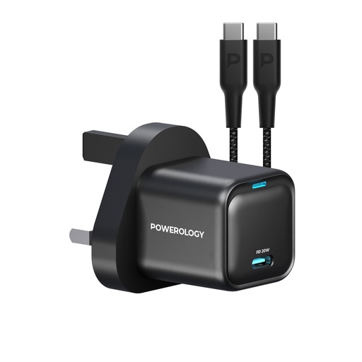 [PWCUQC016-C] Powerology 20W Single C Port PD Charger UK with Type C to C 60W cable - Black