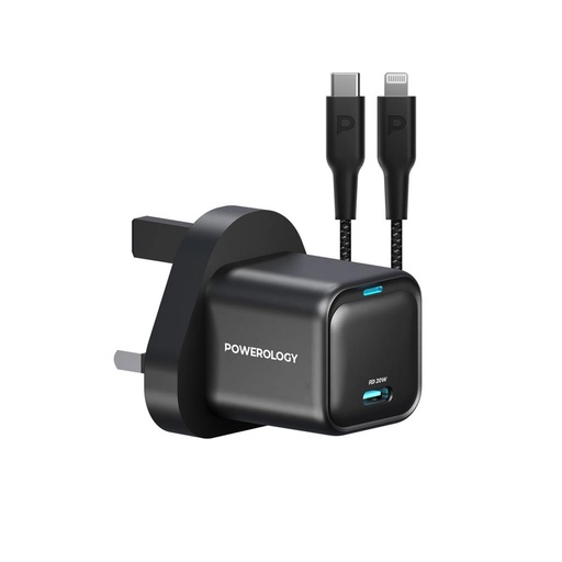 [PWCUQC016L] Powerology 20W Single C Port PD Charger UK with Type C to Lightining MFI 27W cable - Black