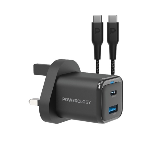 [PWCUQC023-C] Powerology 35W PD QC 1xUSB-C 35W and 1xUSB-A 18W GaN Charger UK -with Type C to C 60W -Black	