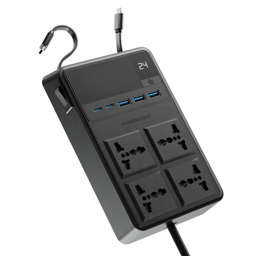 [PWCUQC029] Powerology 2500w 4 AC Power Strip with Built-In Retractable Cables - Black