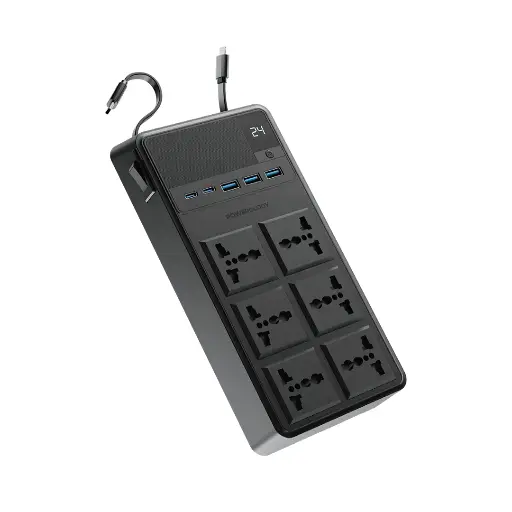 [PWCUQC030] Powerology 2500W 6AC Power Strip with Built-In Retractable Cables - Black
