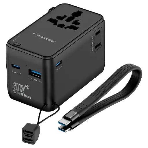 [PWCUQC054BK] Powerology 2500W Universal Travel Adapter with 4000mAh Power Bank - Black